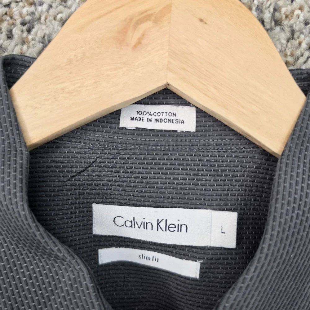 Calvin Klein Shirt Mens Large Gray Button Up Slim Fit Cotton‎ Long Sleeve Career